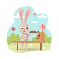 Cartoon rabbit makes a birdhouse for a bird in flat style vector