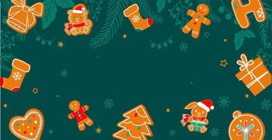 Christmas banner with winter plants and gingerbread cookies, greeting cards. Xmas holiday night party. Vector illustration in flat cartoon style, isolated on dark green background.