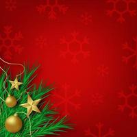 tarjeta de felicitación de navidad y año nuevo. estrella dorada y adornos en ramas de pino verde sobre fondo rojo con patrón de copos de nieve vector