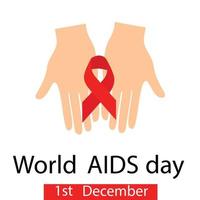 Square post banner for World AIDS day, 1 Decembers. Two hand or palm holding red ribbon. Vector illustration.