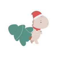 Christmas cartoon Dinosaur. Vector print on the white background. For kids stuff, card, posters, banners, children books, printing on the pack, clothes, fabric, wallpaper, textile or dishes.