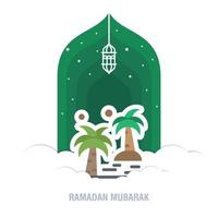 Ramadan Kareem islamic design crescent moon and mosque dome silhouette with arabic pattern and calli vector