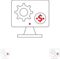 configuración de la pantalla del monitor del generador engranaje dinero conjunto de iconos de línea negra en negrita y delgada vector