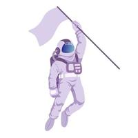 Astronaut floating and holding flag. Vector illustration in cartoon style. Isolated on white background.