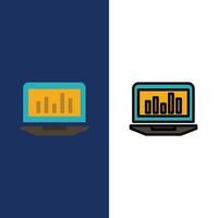 análisis de gráficos de portátiles iconos de estadísticas de seguimiento plano y conjunto de iconos rellenos de línea vector backgr azul