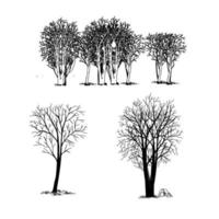 conjunto de árboles bosquejo mano dibujo silueta blanco y negro vector ilustración.