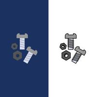 Bolt Nut Screw Tools  Icons Flat and Line Filled Icon Set Vector Blue Background