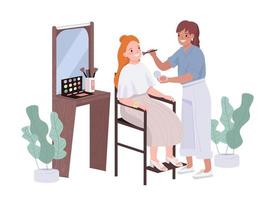 servicio de artista de maquillaje 2d vector ilustración aislada. personajes planos de salón de belleza en el fondo de dibujos animados. aplicación de cosmética facial colorida escena editable para móvil, sitio web, presentación