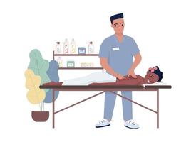 Massage 2D vector isolated illustration. Spa salon procedure flat characters on cartoon background. Body treatment service colourful editable scene for mobile, website, presentation