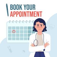 Book doctor appointment card template. Schedule hospital visit. Editable social media post design. Flat vector color illustration for poster, web banner, ecard