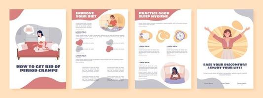 Period cramps relief flat vector brochure template. Booklet, leaflet printable flat color designs. Editable magazine page, reports kit with text space