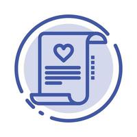 carta documento en papel carta de amor tarjeta de matrimonio línea punteada azul icono de línea vector