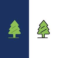 naturaleza pino primavera árbol iconos plano y línea llena conjunto de iconos vector fondo azul