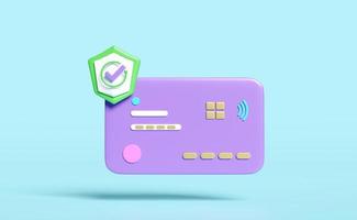3d credit card with shield, check marks isolated on blue background. financial business protection concept, 3d render illustration, clipping path photo