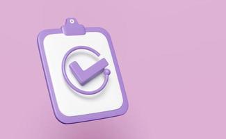 Icono de papel de lista de verificación púrpura 3d aislado sobre fondo rosa. marcas de verificación, símbolos de marcas de verificación, plan de proyecto, estrategia comercial, concepto de contrato de compra, ilustración de renderizado 3d, ruta de recorte foto