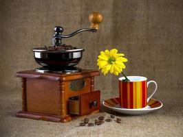 An old coffee grinder and a Cup of coffee with a yellow flower photo