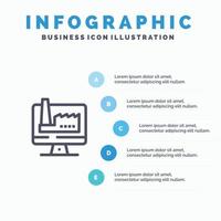 Computer Building Monitor Factory Blue Infographics Template 5 Steps Vector Line Icon template