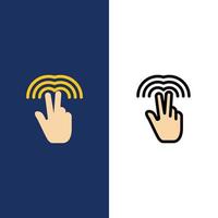 gestos dobles iconos de pestañas de mano planos y rellenos de línea conjunto de iconos vector fondo azul