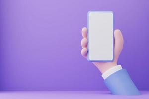 Animation hand holding smartphone with white screen on violet background, 3d illustration photo