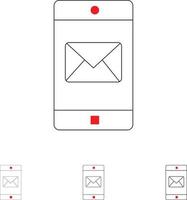 aplicación móvil aplicación móvil correo negrita y delgada línea negra conjunto de iconos vector