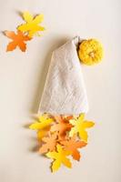 Autumn decoration. The image of a gnome from a fabric cap, paper leaves and a pumpkin photo