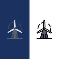 Clean Energy Green Power Windmill  Icons Flat and Line Filled Icon Set Vector Blue Background