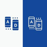marketing publicitario en línea línea de tableta y glifo icono sólido línea de banner azul y glifo icono sólido azul bann vector
