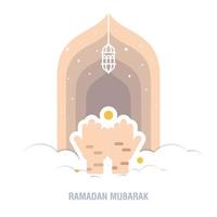 Ramadan Kareem islamic design crescent moon and mosque dome silhouette with arabic pattern and calli vector