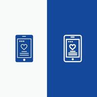 teléfono de amor celular línea de boda y glifo icono sólido banner azul línea y glifo icono sólido banner azul vector