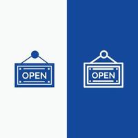 línea de tablero de tienda abierta y glifo icono sólido banner azul vector