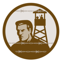 Prisoner of war in a concentration camp with guard tower png