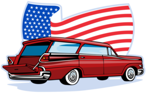 Camioneta estilo años 50 con bandera estadounidense png
