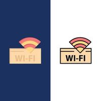 icono de dispositivo de servicio wifi de hotel plano y conjunto de iconos llenos de línea vector fondo azul