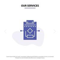 Our Services Workflow Network Process Settings Solid Glyph Icon Web card Template vector