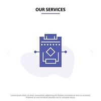 Our Services Workflow Network Process Settings Solid Glyph Icon Web card Template vector