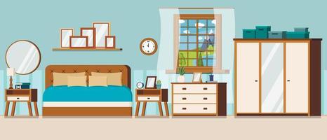 Bedroom with window view of summer day landscape. vector