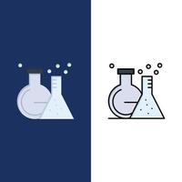 iconos de prueba de tubo de laboratorio de matraz plano y conjunto de iconos llenos de línea fondo azul vectorial vector