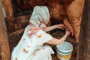 mujer lechera ordeñando una vaca, granja foto