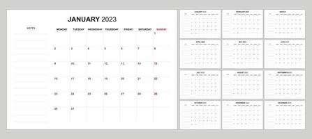 simple and minimalist calendar 2023 start on monday vector