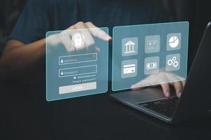 banca por internet en línea. conexión de seguridad inicio de sesión de red y contraseña información personal privada. pantalla virtual de tecnología digital de ciberseguridad empresarial con concepto de icono de computadora portátil. foto