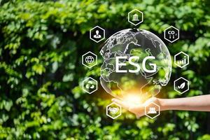 Organizations or companies develop carbon credit business virtual screen. Reduce CO2 emissions. Sustainable business development concept.ESG environmental social and governance. photo