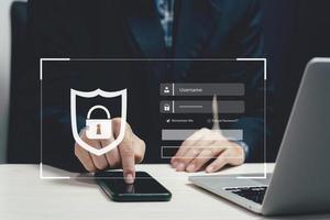 Protection personal data against hackers. Security internet access of personal data.identification information security and encryption.man typing login and password on virtual screen. photo