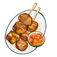 Watercolor, Japanese food, grilled meat dipped in chili mala. png
