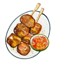 vattenfärg, japansk mat, grillad kött doppade i chili mala. png