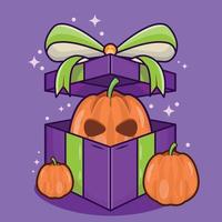 caja de regalo de halloween con ilustración de linterna de gato de calabaza vector