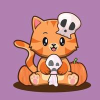 Cute Halloween Cat Hold Ghost Doll and wearing Skull Hat Illustration vector