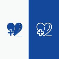 amor cuidado de la salud hospital línea de cuidado del corazón y glifo icono sólido línea de banner azul y glifo icono sólido vector