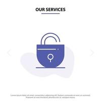 Our Services Lock Locked Security Internet Solid Glyph Icon Web card Template vector