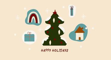 feliz navidad diseño moderno, regalos navideños, elementos de invierno, árbol de navidad. ilustración vectorial dibujada a mano en estilo plano vector