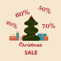 Christmas poster with discounts. Hand drawn Christmas gifts and Christmas tree in flat style. vector